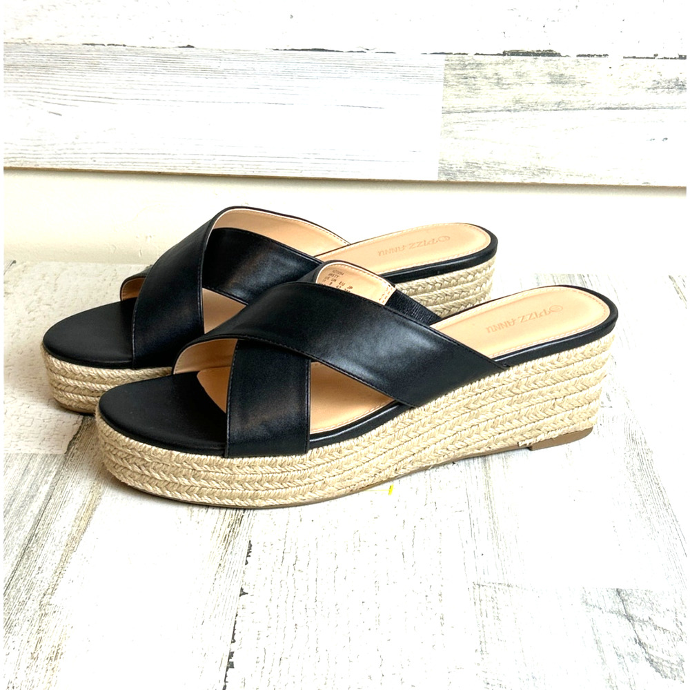 Pizzanni Womens 11 Black Faux Leather Slip-On Wedge Espadrille Sandals NEW